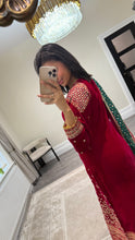 Load image into Gallery viewer, Sparkle red velvet embroidered suit with silk trouser and chiffon duppata