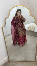 Load image into Gallery viewer, Pink Organza embellished 3 piece suit with wide leg silk trouser Eid collection party wear