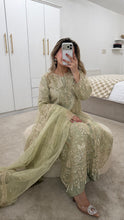Load image into Gallery viewer, Olive / Teal/ white baroque inspired organza suit with embellishment and embroidery with organza duppata and trouser. Asian party wear suit.
