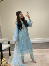 Load image into Gallery viewer, Ice blue Organza embellished suit with stonework. Organza duppata and silk trouser.