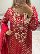 Load image into Gallery viewer, Red embroidered suit with foil work and mirror work embellishments with trouser and chiffon duppata