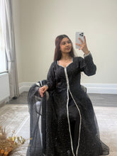 Load image into Gallery viewer, Mahira khan black sparkle suit with open gown style shirt. Duppata and trouser.