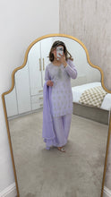 Load image into Gallery viewer, Lilac hand embroidered raw silk 3 piece suit with wide leg trouser Eid collection party wear