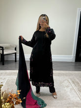 Load image into Gallery viewer, Black silk suit with embroidered sequin work and silk tye dye duppata and silk trouser