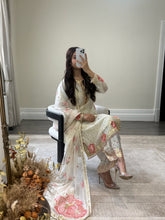Load image into Gallery viewer, Black/ white chiffon embroidered suit with sequin embroidery and embellishments. Chiffon duppata. Eid and party wear.