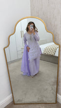 Load image into Gallery viewer, Lilac hand embroidered raw silk 3 piece suit with wide leg trouser Eid collection party wear
