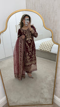 Load image into Gallery viewer, Maroon embroidered suit with full embellishment detailing and organza embroidered duppata. Crepe trouser. Eid collection and party wear