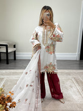 Load image into Gallery viewer, Ethnic inspired silk suit with full sequin embroidery. Wide leg trouser. Khadi net duppata. Fully embroidered party wear Asian suit.