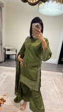 Load image into Gallery viewer, Vanya inspired silk embroidered suit with sequin embroidery and embellishments. Chiffon duppata. Eid and party wear.