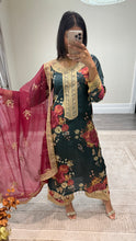 Load image into Gallery viewer, silk green floral embroidered 3 piece suit with khadi net duppata