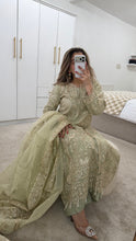 Load image into Gallery viewer, Olive / Teal/ white baroque inspired organza suit with embellishment and embroidery with organza duppata and trouser. Asian party wear suit.