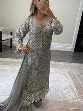 Load image into Gallery viewer, Grey Maria b inspired chiffon suit with embellishment and embroidery with chiffon duppata and trouser. Asian party wear suit.