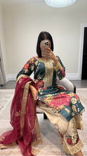 Load image into Gallery viewer, silk green floral embroidered 3 piece suit with khadi net duppata