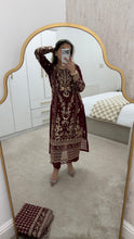 Load image into Gallery viewer, Maroon embroidered suit with full embellishment detailing and organza embroidered duppata. Crepe trouser. Eid collection and party wear