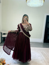 Load image into Gallery viewer, Chiffon frock style suit with sari draped duppata and hand embellishments and silk trouser. Eid collection. Party wear.