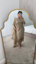Load image into Gallery viewer, Sparkle Golden chiffon suit with embroidered chiffon duppata and trouser. Party wear. Eid collection.