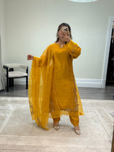 Load image into Gallery viewer, Korean raw silk suit with emrboidery and lace details. Organza duppata. Party wear. Eid collection.