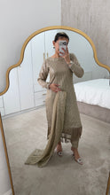 Load image into Gallery viewer, Sparkle Golden chiffon suit with embroidered chiffon duppata and trouser. Party wear. Eid collection.