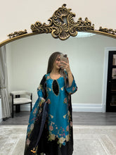 Load image into Gallery viewer, Silk 3 piece suit lulusar inspired with handwork on neckline. Kameez suit.
