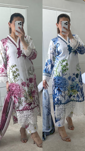 Maria B inspired floral suit with embroidery and tassel detailing and chiffon duppata.