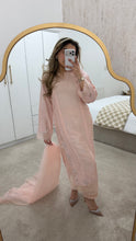 Load image into Gallery viewer, Korean raw silk suit with emrboidery and lace details. Organza duppata. Party wear. Eid collection.