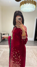 Load image into Gallery viewer, Sparkle red velvet embroidered suit with silk trouser and chiffon duppata