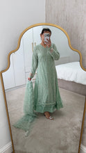 Load image into Gallery viewer, Cutdana Green suit with embroidered cotton net duppata and trouser. Party wear. Eid collection.