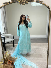 Load image into Gallery viewer, Cutdana grey/blue suit with embroidered cotton net duppata and trouser. Party wear. Eid collection.