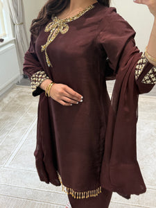 brown hand embroidered raw silk suit with farshi shalwar and chiffon duppta party wear suit