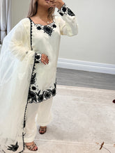 Load image into Gallery viewer, Cream and black embroidered cotton silk suit with shalwar and organza duppata with embroidery.