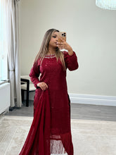 Load image into Gallery viewer, Sparkle Golden chiffon suit with embroidered chiffon duppata and trouser. Party wear. Eid collection.