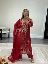 Load image into Gallery viewer, Red embroidered suit with foil work and mirror work embellishments with trouser and chiffon duppata