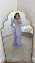 Load image into Gallery viewer, Lilac hand embroidered raw silk 3 piece suit with wide leg trouser Eid collection party wear