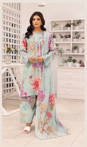 Khaddar 3 piece suit with Khaddar duppata light blue floral