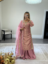 Load image into Gallery viewer, Sheesha silk suit with Gota work and embroidery and silk pleated lehenga and cotton net duppata. Party wear. Asian wedding suit.