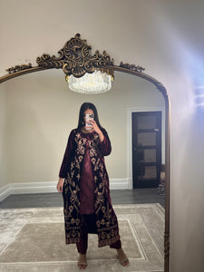 Velvet embroidered gown with silk inner and trouser