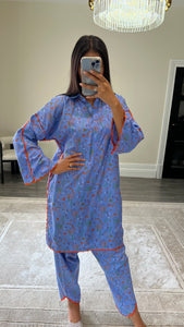 Poly cotton printed 2 piece coord with shirt and trouser.