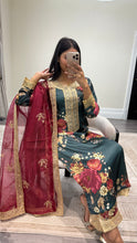 Load image into Gallery viewer, silk green floral embroidered 3 piece suit with khadi net duppata