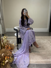 Load image into Gallery viewer, Lilac Lace net pearl embellished suit with trouser with chiffon duppata.