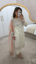 Load image into Gallery viewer, White sparkle chiffon embroidered suit with cotton net duppata and crepe trouser