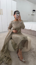 Load image into Gallery viewer, Sparkle Golden chiffon suit with embroidered chiffon duppata and trouser. Party wear. Eid collection.
