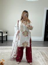 Load image into Gallery viewer, Ethnic inspired silk suit with full sequin embroidery. Wide leg trouser. Khadi net duppata. Fully embroidered party wear Asian suit.