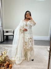 Load image into Gallery viewer, Elegant white beauty diamonte 3 piece suit with organza duppata and sharara