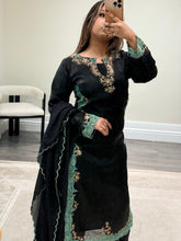 Load image into Gallery viewer, Organza Green and black hand embroidered 3 piece suit with chiffon duppata and trouser