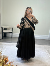 Load image into Gallery viewer, Chiffon frock style suit with sari draped duppata and hand embellishments and silk trouser. Eid collection. Party wear.