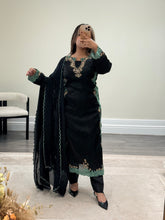 Load image into Gallery viewer, Organza Green and black hand embroidered 3 piece suit with chiffon duppata and trouser
