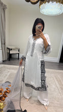 Load image into Gallery viewer, Raw silk black and white hand embroidered 3 piece suit with organza duppata
