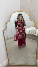 Load image into Gallery viewer, Jazmin inspired chiffon embroidered suit with chiffon duppata and wide leg embroidered trouser