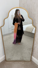 Load image into Gallery viewer, Purple velvet embroidered suit with sequin embroidery and embellishments. Chiffon duppata. Eid and party wear.