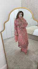 Load image into Gallery viewer, Light Pink Maria b inspired chiffon suit with embellishment and embroidery with chiffon duppata and trouser. Asian party wear suit.